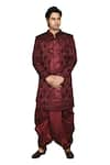 Aryavir Malhotra_Maroon Sherwani And Inner Kurta Gorgia Tuxido Satin Feather Pattern Dhoti Set _at_Aza_Fashions