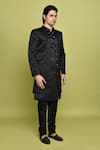Shop Arihant Rai Sinha Black Silk, Denim Embroidery Leaf Pattern Sherwani Set Online at Aza Fashions Shop_Arihant Rai Sinha_Black Silk, Denim Embroidery Leaf Pattern Sherwani Set _Online_at_Aza_Fashions