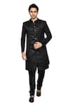 Shop Arihant Rai Sinha Black Gingham Embroidery Leaf Pattern Sherwani With Kurta Online at Aza Fashions Shop_Arihant Rai Sinha_Black Gingham Embroidery Leaf Pattern Sherwani With Kurta _Online_at_Aza_Fashions