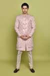 Buy_Aryavir Malhotra_Pink Sherwani And Inner Kurta Gorgia Tuxido Satin Leaf Pattern Churidar Set _at_Aza_Fashions