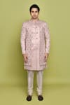 Buy_Aryavir Malhotra_Pink Sherwani And Inner Kurta Gorgia Tuxido Satin Leaf Pattern Churidar Set _Online_at_Aza_Fashions