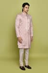 Shop_Aryavir Malhotra_Pink Sherwani And Inner Kurta Gorgia Tuxido Satin Leaf Pattern Churidar Set _Online_at_Aza_Fashions