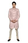 Aryavir Malhotra_Pink Sherwani And Inner Kurta Gorgia Tuxido Satin Leaf Pattern Churidar Set _at_Aza_Fashions