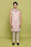 Shop_Aryavir Malhotra_Pink Sherwani And Inner Kurta Gorgia Tuxido Satin Leaf Pattern Churidar Set 