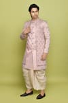 Buy_Aryavir Malhotra_Pink Sherwani And Inner Kurta Gorgia Tuxido Satin Leaf Pattern Set _at_Aza_Fashions