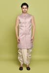 Buy_Aryavir Malhotra_Pink Sherwani And Inner Kurta Gorgia Tuxido Satin Leaf Pattern Set _Online_at_Aza_Fashions