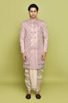 Shop_Aryavir Malhotra_Pink Sherwani And Inner Kurta Gorgia Tuxido Satin Leaf Pattern Set _Online_at_Aza_Fashions