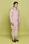 Aryavir Malhotra_Pink Sherwani And Inner Kurta Gorgia Tuxido Satin Leaf Pattern Set _at_Aza_Fashions