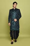 Buy_Arihant Rai Sinha_Green Georgette, Silk Feathers Pattern Sherwani With Dhoti Set_at_Aza_Fashions