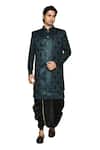 Shop_Arihant Rai Sinha_Green Georgette, Silk Feathers Pattern Sherwani With Dhoti Set