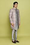 Aryavir Malhotra_Grey Sherwani And Inner Kurta Brocade Anokhi Chevron Pattern & Set _at_Aza_Fashions