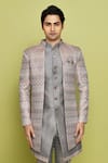 Buy_Aryavir Malhotra_Grey Brocade Anokhi Chevron Pattern Sherwani With Kurta _Online_at_Aza_Fashions