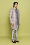 Shop_Aryavir Malhotra_Grey Brocade Anokhi Chevron Pattern Sherwani With Kurta _Online_at_Aza_Fashions