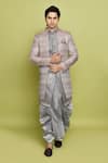 Buy_Aryavir Malhotra_Grey Sherwani And Inner Kurta Brocade Anokhi Chevron Pattern Dhoti Set _at_Aza_Fashions