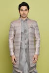 Aryavir Malhotra_Grey Sherwani And Inner Kurta Brocade Anokhi Chevron Pattern Dhoti Set _Online_at_Aza_Fashions