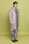 Shop_Aryavir Malhotra_Grey Sherwani And Inner Kurta Brocade Anokhi Chevron Pattern Dhoti Set _Online_at_Aza_Fashions