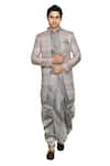 Aryavir Malhotra_Grey Sherwani And Inner Kurta Brocade Anokhi Chevron Pattern Dhoti Set _at_Aza_Fashions