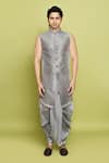 Shop_Aryavir Malhotra_Grey Sherwani And Inner Kurta Brocade Anokhi Chevron Pattern Dhoti Set 