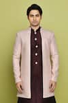Shop Arihant Rai Sinha Pink Brocade, Silk Embroidery Chevron Pattern Sherwani Dhoti Set Online at Aza Fashions Shop_Arihant Rai Sinha_Pink Brocade, Silk Embroidery Chevron Pattern Sherwani Dhoti Set _Online_at_Aza_Fashions