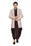 Shop Arihant Rai Sinha Pink Brocade, Silk Embroidery Chevron Pattern Sherwani Dhoti Set Shop_Arihant Rai Sinha_Pink Brocade, Silk Embroidery Chevron Pattern Sherwani Dhoti Set