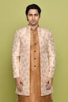 Shop_Aryavir Malhotra_Peach Sherwani Brocade Flower Pattern Churidar Set _Online_at_Aza_Fashions