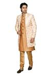 Shop_Aryavir Malhotra_Peach Sherwani Brocade Flower Pattern Churidar Set 