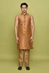 Aryavir Malhotra_Peach Sherwani Brocade Flower Pattern Churidar Set _Online