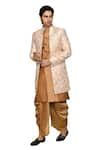 Shop_Aryavir Malhotra_Peach Sherwani Brocade Flower Pattern Kurta Set 