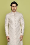 Shop_Aryavir Malhotra_Cream Sherwani Brocade Embroidered Floral Thread With Churidar _Online_at_Aza_Fashions