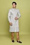 Aryavir Malhotra_Grey Brocade Embroidered Floral Thread Sherwani _Online_at_Aza_Fashions