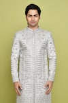 Shop_Aryavir Malhotra_Grey Brocade Embroidered Floral Thread Sherwani _Online_at_Aza_Fashions