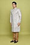 Aryavir Malhotra_Grey Brocade Embroidered Floral Thread Sherwani _at_Aza_Fashions