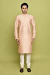 Aryavir Malhotra_Peach Dupion Art Silk Embroidered Thread Foliage Kurta With Churidar For Kids_at_Aza_Fashions