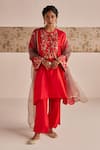 Buy_Esha Arora_Red Organza Silk Embroidered Zardozi Round Floral Kurta Pant Set _at_Aza_Fashions