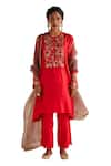 Esha Arora_Red Organza Silk Embroidered Zardozi Round Floral Kurta Pant Set _Online_at_Aza_Fashions