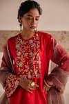 Shop_Esha Arora_Red Organza Silk Embroidered Zardozi Round Floral Kurta Pant Set _Online_at_Aza_Fashions