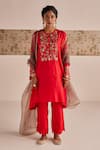 Buy_Esha Arora_Red Organza Silk Embroidered Zardozi Round Floral Kurta Pant Set 