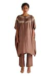 Esha Arora_Brown Silk Embroidered Zardozi Round Bodice Kaftan With Pant _Online_at_Aza_Fashions