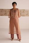 Buy_Esha Arora_Brown Organza Tissue Embroidered Zardozi Round Kurta With Pant _at_Aza_Fashions