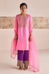 Esha Arora_Pink Silk Crepe Embroidered Zardozi Round Checkred Kurta Pant Set _Online