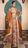 Seeaash_Orange Organza Printed Floral V-neck Nur Blossom Lehenga Set _Online_at_Aza_Fashions