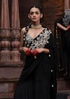 Shop_Seeaash_Black Crepe Embellished Firdaus Floral Pre-draped Sharara Saree With Blouse _Online_at_Aza_Fashions