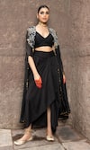 Buy_Seeaash_Black Organza Embellished Floral Cape Zohra Sequin Dhoti Skirt Set _at_Aza_Fashions