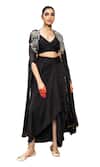 Buy_Seeaash_Black Organza Embellished Floral Cape Zohra Sequin Dhoti Skirt Set _Online_at_Aza_Fashions