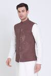 Buy_Arun verma_Brown Linen Embroidery Celeste Bloom Resham Bundi _Online_at_Aza_Fashions