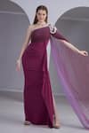 Buy_NAINA SETH_Magenta Stretch Knit And Tulle Embellished Pearl One Shoulder Gown _at_Aza_Fashions