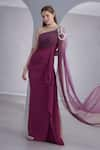 Buy_NAINA SETH_Magenta Stretch Knit And Tulle Embellished Pearl One Shoulder Gown _Online_at_Aza_Fashions