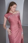 NAINA SETH_Pink Stretch Knit Embellished Pearl Asymmetric Tassel Draped Gown _Online_at_Aza_Fashions