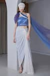 Buy_NAINA SETH_Blue Tulle Embellished Pearl One Shoulder Draped Top With Lace Skirt _at_Aza_Fashions