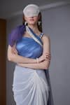 NAINA SETH_Blue Tulle Embellished Pearl One Shoulder Draped Top With Lace Skirt _Online_at_Aza_Fashions